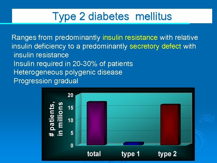 Type 2 diabetes mellitus Ranges from predominantly insulin resistance with relative insulin deficiency to