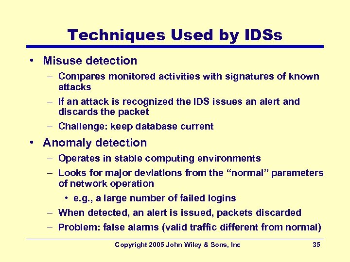 Techniques Used by IDSs • Misuse detection – Compares monitored activities with signatures of
