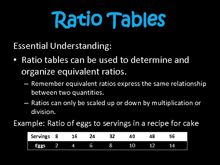 Ratio Tables Essential Understanding: • Ratio tables can be used to determine and organize