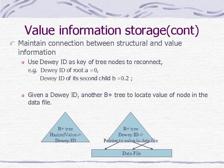 Value information storage(cont) Maintain connection between structural and value information Use Dewey ID as
