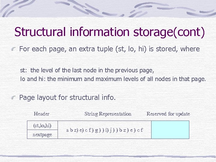 Structural information storage(cont) For each page, an extra tuple (st, lo, hi) is stored,