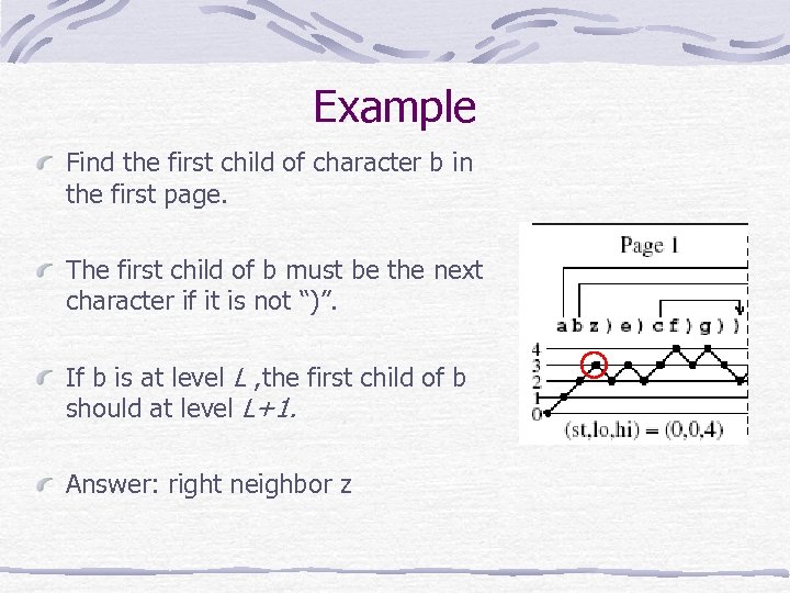 Example Find the first child of character b in the first page. The first