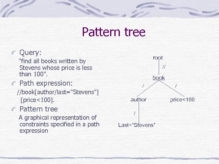 Pattern tree Query: root “find all books written by Stevens whose price is less