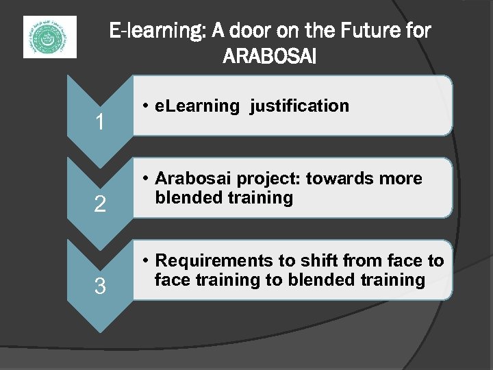 E-learning: A door on the Future for ARABOSAI 1 2 3 • e. Learning