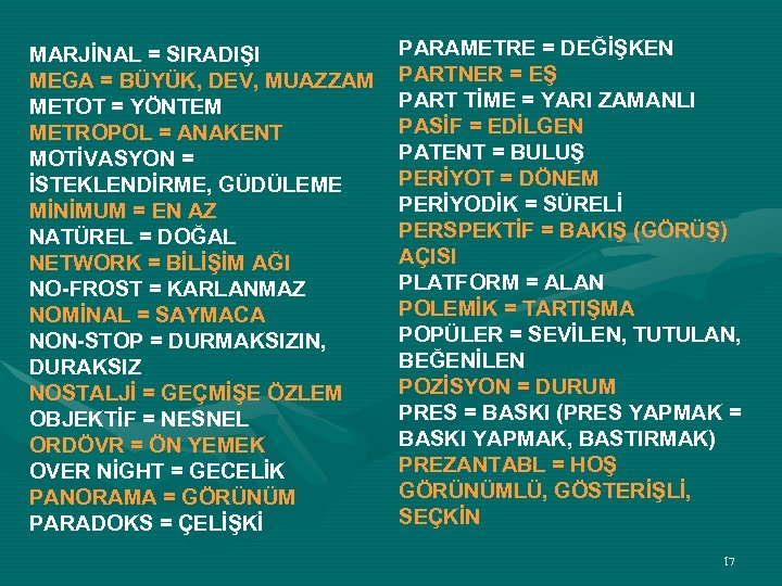 MARJİNAL = SIRADIŞI MEGA = BÜYÜK, DEV, MUAZZAM METOT = YÖNTEM METROPOL = ANAKENT