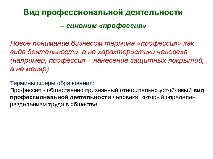 Вид профессиональной деятельности – синоним «профессия» Новое понимание бизнесом термина «профессия» как вида деятельности,