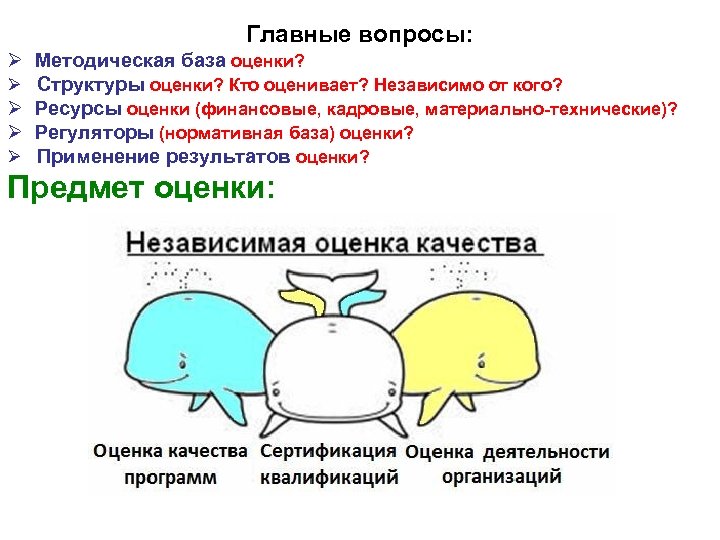 Главные вопросы: Ø Методическая база оценки? Ø Структуры оценки? Кто оценивает? Независимо от кого?