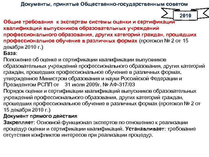 Документы, принятые Общественно-государственным советом 2010 Общие требования к экспертам системы оценки и сертификации квалификаций