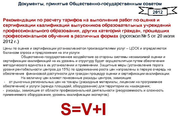 Документы, принятые Общественно-государственным советом 2012 Рекомендации по расчету тарифов на выполнение работ по оценке