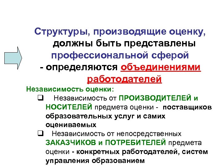 Структуры, производящие оценку, должны быть представлены профессиональной сферой - определяются объединениями работодателей Независимость оценки: