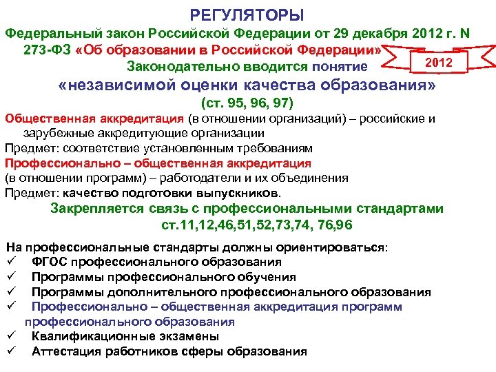 РЕГУЛЯТОРЫ Федеральный закон Российской Федерации от 29 декабря 2012 г. N 273 -ФЗ «Об