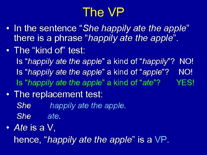 The VP • In the sentence “She happily ate the apple” there is a