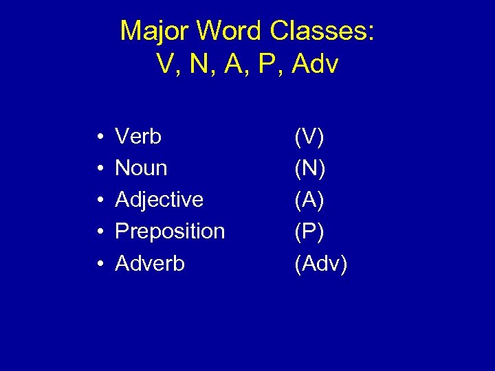 Major Word Classes: V, N, A, P, Adv • • • Verb Noun Adjective