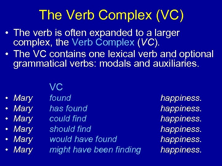 The Verb Complex (VC) • The verb is often expanded to a larger complex,