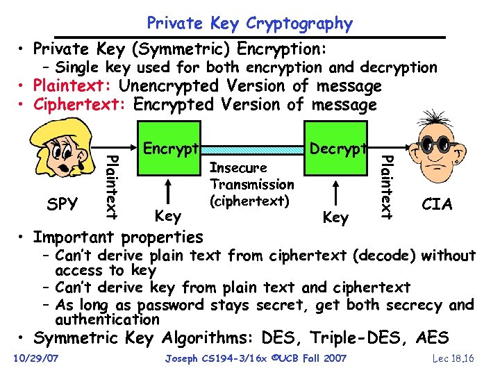 Private Key Cryptography • Private Key (Symmetric) Encryption: – Single key used for both