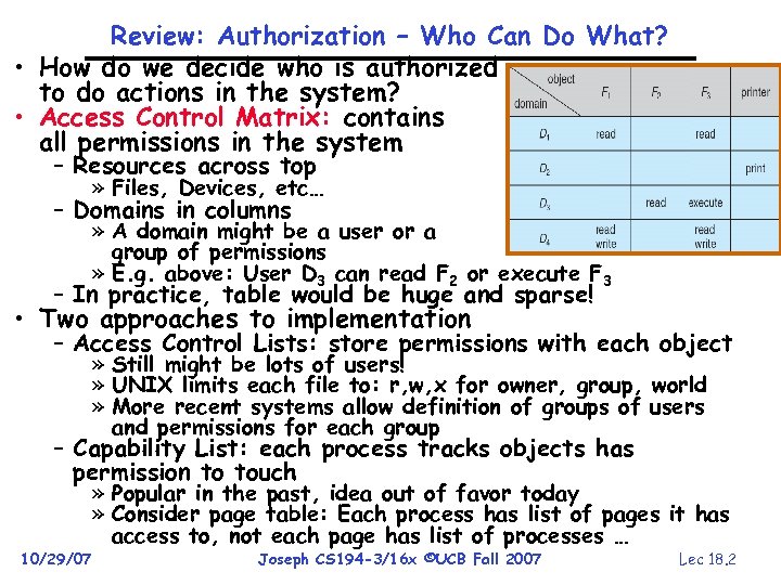 Review: Authorization – Who Can Do What? • How do we decide who is