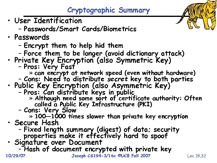 Cryptographic Summary • User Identification – Passwords/Smart Cards/Biometrics • Passwords – Encrypt them to