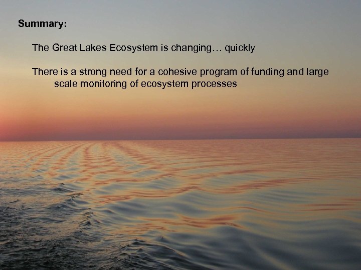 Summary: The Great Lakes Ecosystem is changing… quickly There is a strong need for