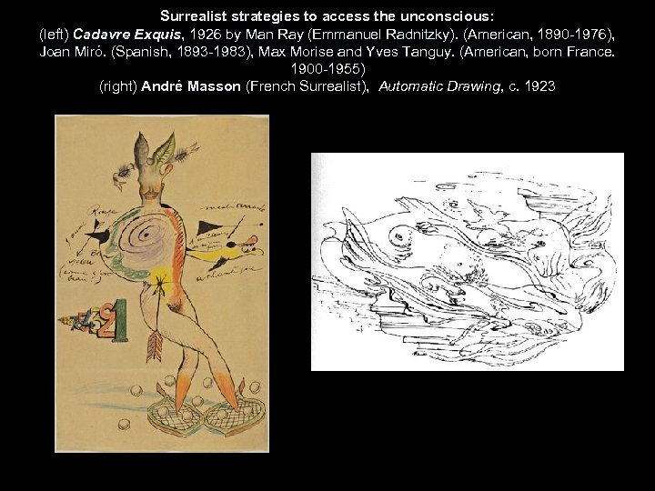 Surrealist strategies to access the unconscious: (left) Cadavre Exquis, 1926 by Man Ray (Emmanuel