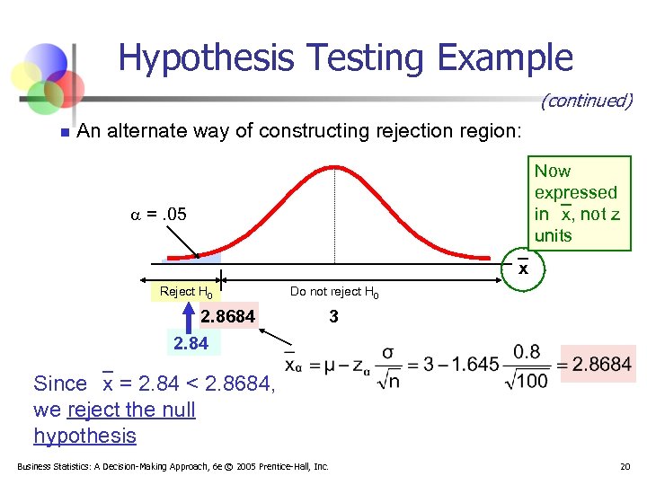 Hypothesis Testing Example (continued) n An alternate way of constructing rejection region: Now expressed