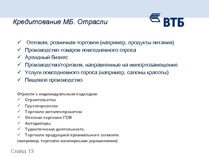 Кредитование МБ. Отрасли ü ü ü Оптовая, розничная торговля (например, продукты питания) Производство товаров