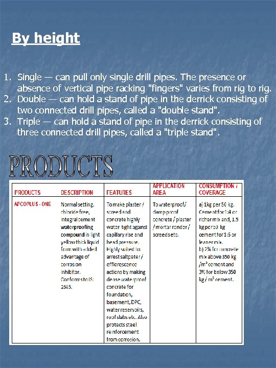By height 1. Single — can pull only single drill pipes. The presence or