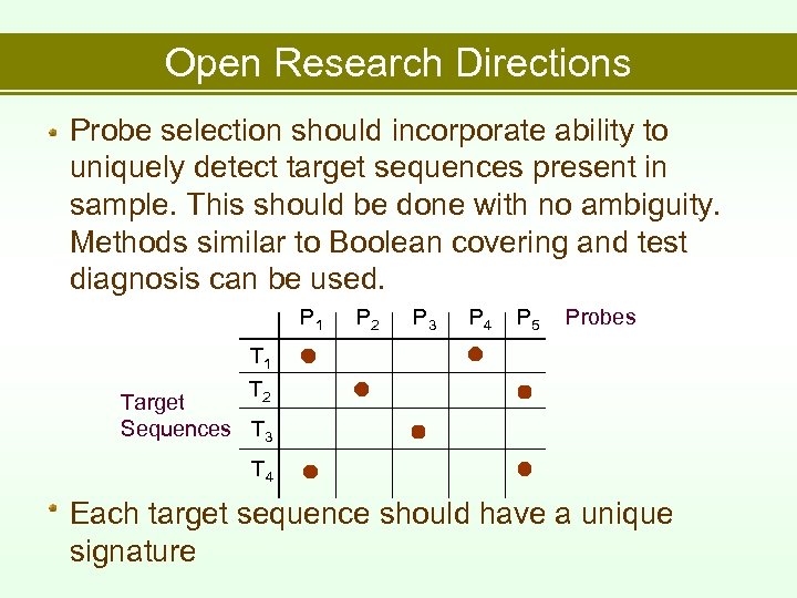 Open Research Directions Probe selection should incorporate ability to uniquely detect target sequences present