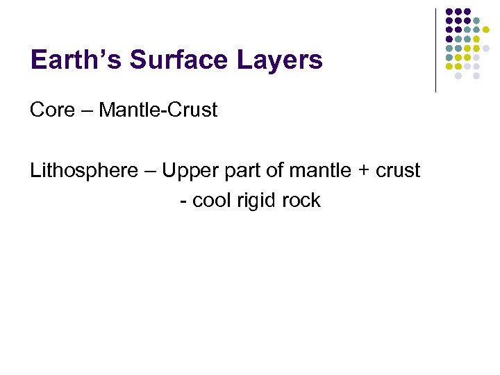 Earth’s Surface Layers Core – Mantle-Crust Lithosphere – Upper part of mantle + crust