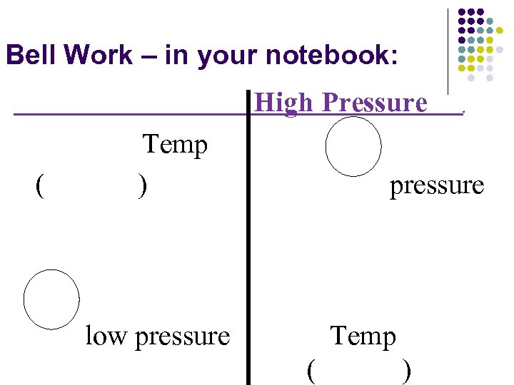 Bell Work – in your notebook: High Pressure ( Temp ) . pressure low