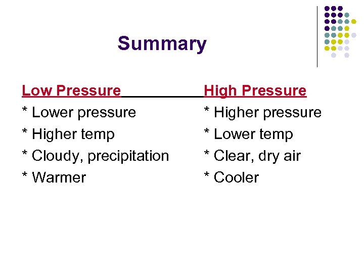 Summary Low Pressure * Lower pressure * Higher temp * Cloudy, precipitation * Warmer