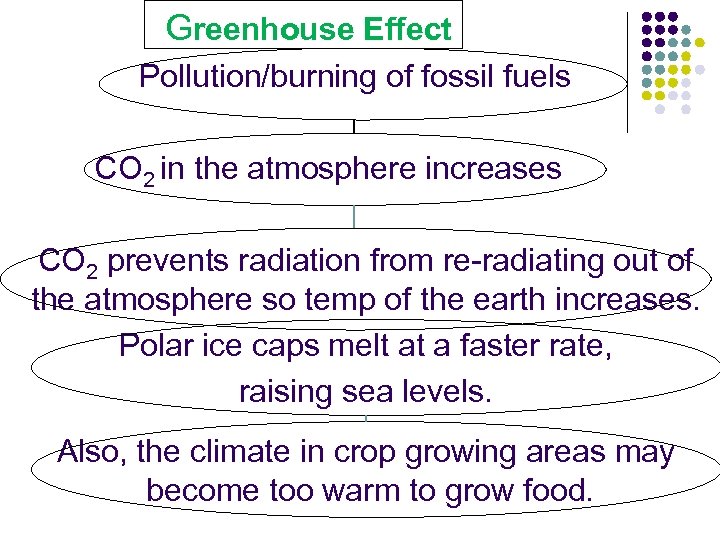  Greenhouse Effect Pollution/burning of fossil fuels CO 2 in the atmosphere increases CO