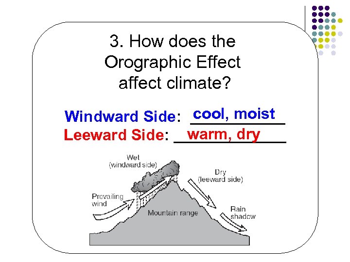 3. How does the Orographic Effect affect climate? cool, moist Windward Side: ______ warm,