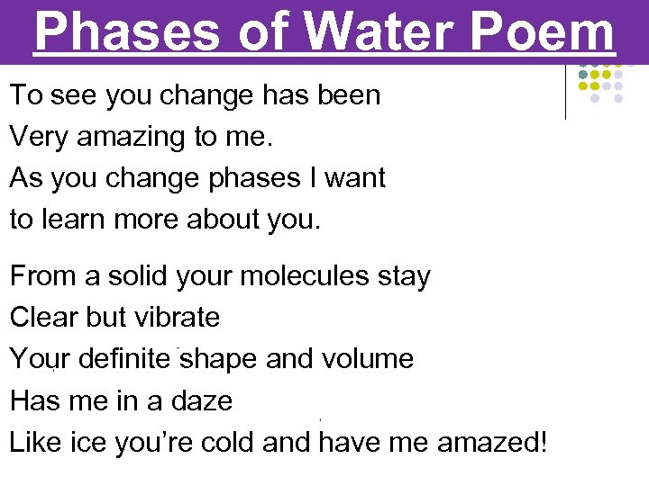 Phases of Water Poem To see you change has been Very amazing to me.