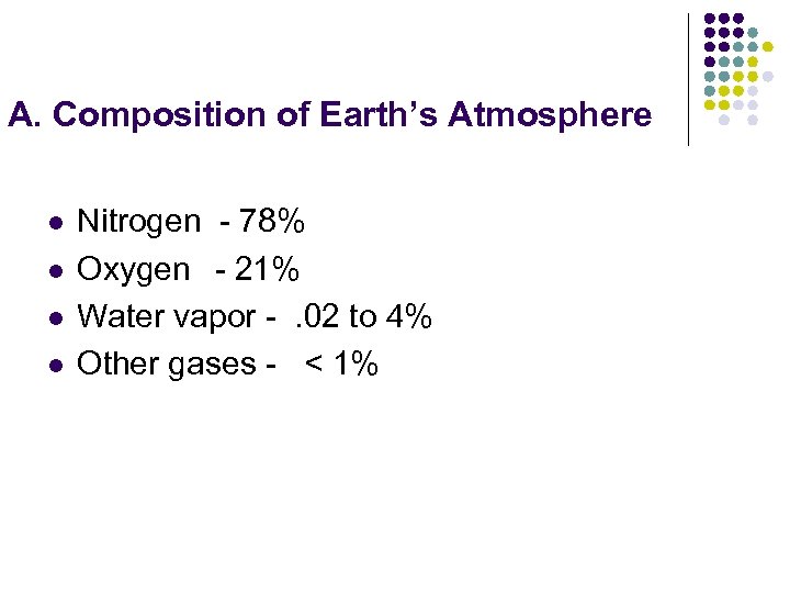 A. Composition of Earth’s Atmosphere l l Nitrogen - 78% Oxygen - 21% Water