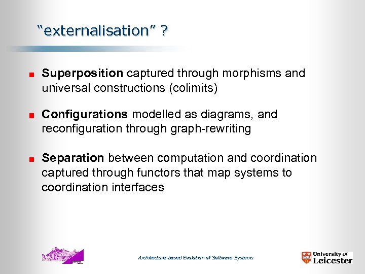 “externalisation” ? Superposition captured through morphisms and universal constructions (colimits) Configurations modelled as diagrams,