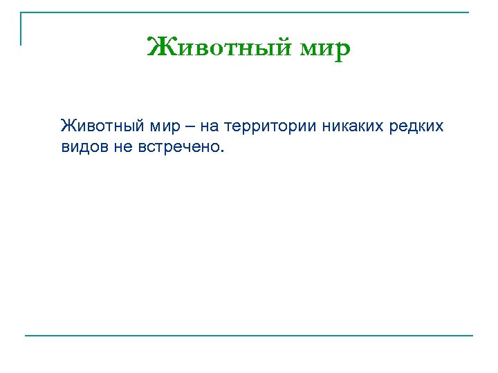 Животный мир – на территории никаких редких видов не встречено. 