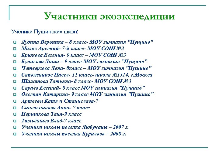 Участники экоэкспедиции Ученики Пущинских школ: q q q q Дудина Вероника – 8 класс-