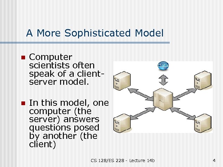 A More Sophisticated Model n Computer scientists often speak of a clientserver model. n