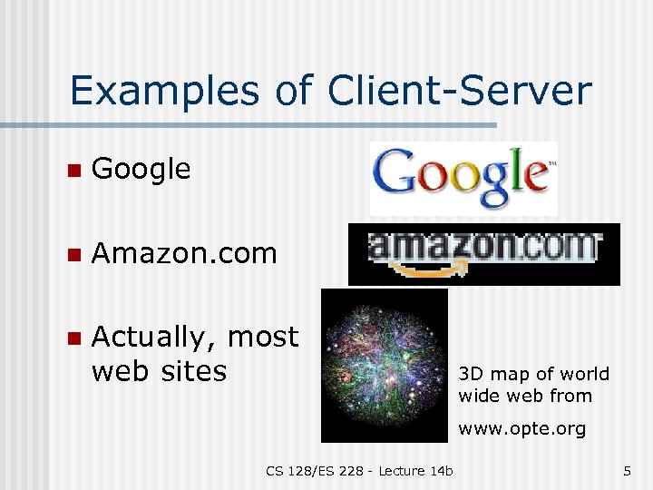 Examples of Client-Server n Google n Amazon. com n Actually, most web sites 3