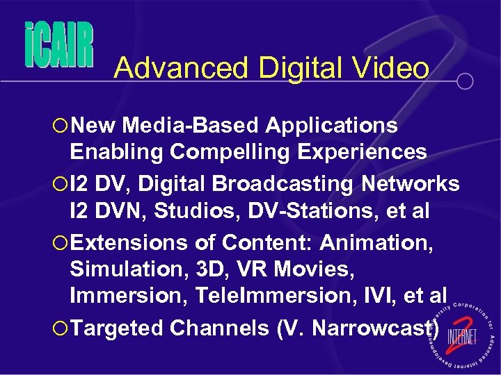 Advanced Digital Video ¡ New Media-Based Applications Enabling Compelling Experiences ¡ I 2 DV,