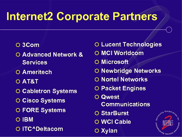 Internet 2 Corporate Partners ¡ 3 Com ¡ Lucent Technologies ¡ Advanced Network &