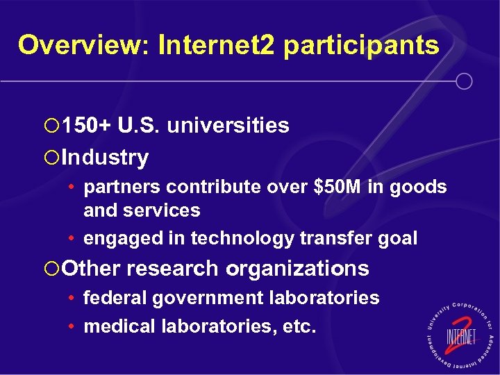 Overview: Internet 2 participants ¡ 150+ U. S. universities ¡ Industry • partners contribute