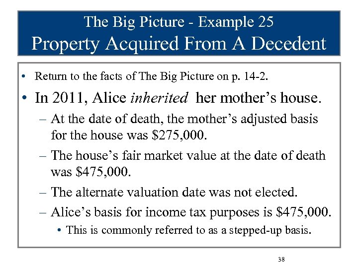 The Big Picture - Example 25 Property Acquired From A Decedent • Return to