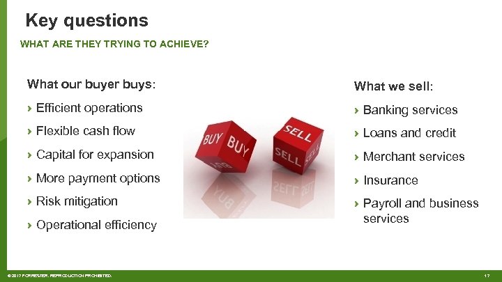 Key questions WHAT ARE THEY TRYING TO ACHIEVE? What our buyer buys: What we