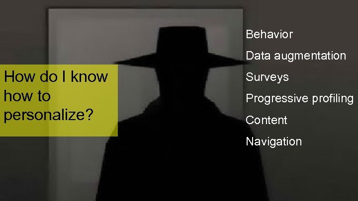 Behavior Data augmentation How do I know how to personalize? Surveys Progressive profiling Content