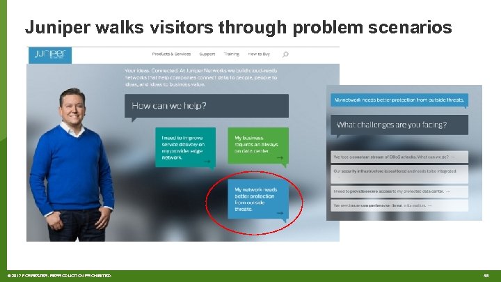 Juniper walks visitors through problem scenarios © 2017 FORRESTER. REPRODUCTION PROHIBITED. 48 