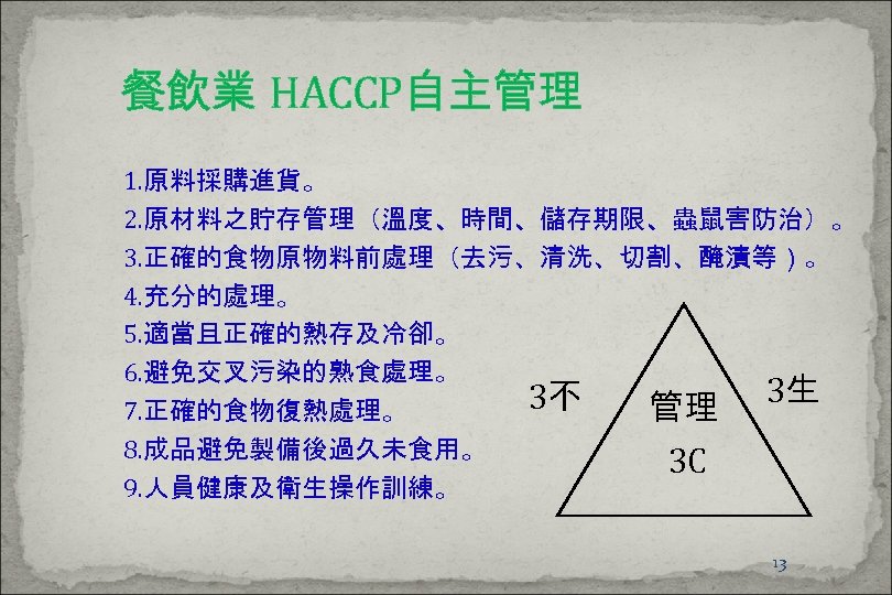 餐飲業 HACCP自主管理 1. 原料採購進貨。 2. 原材料之貯存管理（溫度、時間、儲存期限、蟲鼠害防治）。 3. 正確的食物原物料前處理（去污、清洗、切割、醃漬等）。 4. 充分的處理。 5. 適當且正確的熱存及冷卻。 6. 避免交叉污染的熟食處理。