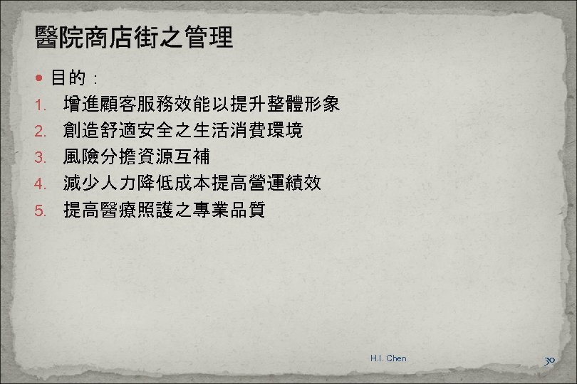 醫院商店街之管理 目的： 1. 增進顧客服務效能以提升整體形象 2. 創造舒適安全之生活消費環境 3. 風險分擔資源互補 4. 減少人力降低成本提高營運績效 5. 提高醫療照護之專業品質 H. I.