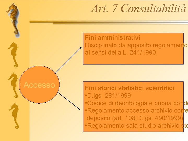Art. 7 Consultabilità Fini amministrativi Disciplinato da apposito regolamento ai sensi della L. 241/1990