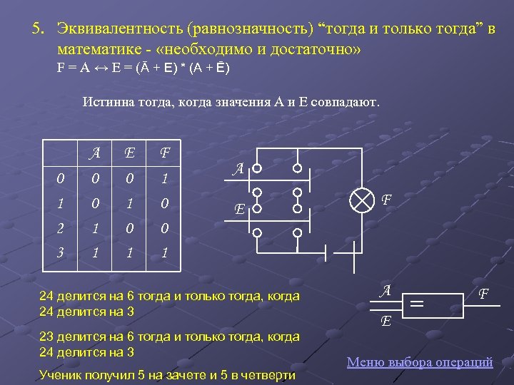 5. Эквивалентность (равнозначность) “тогда и только тогда” в математике - «необходимо и достаточно» F